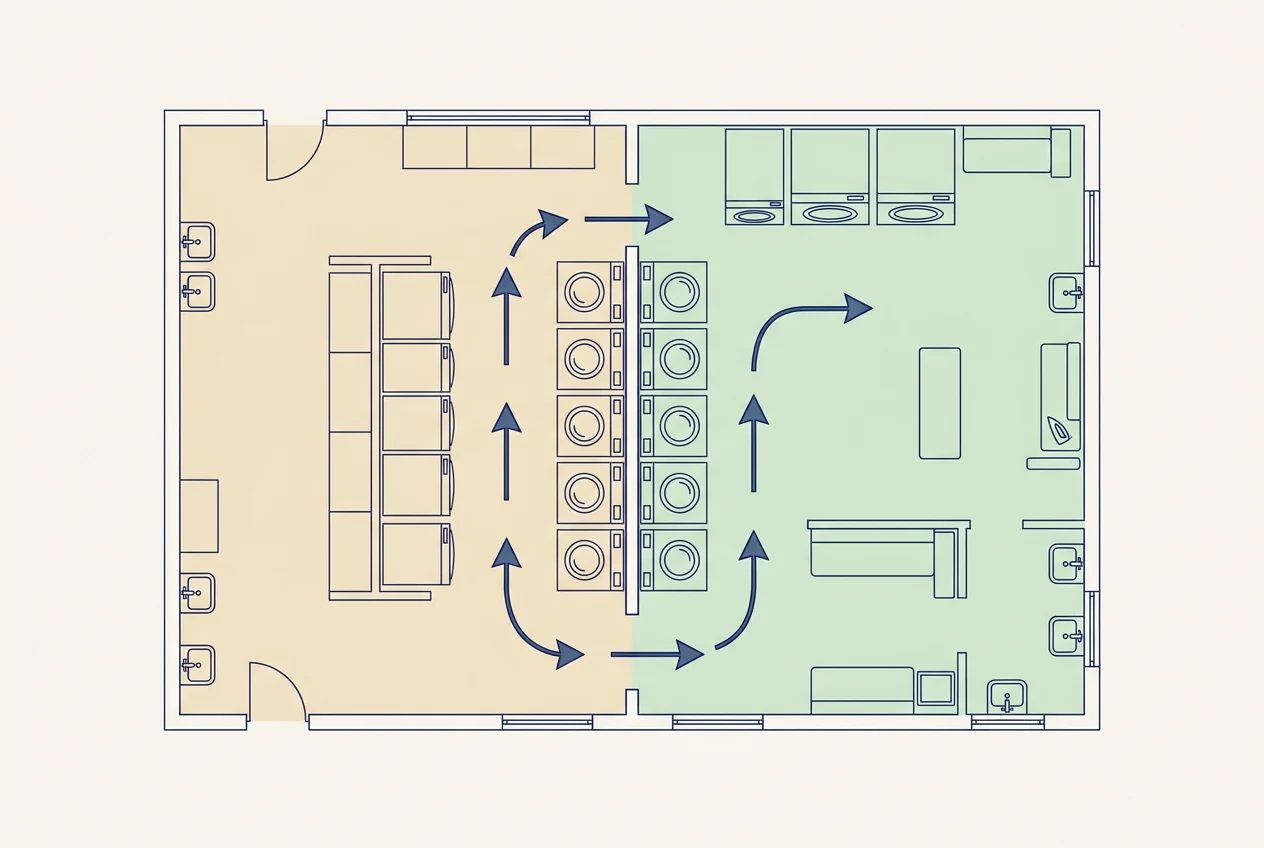 Zoning diagram showing soiled and clean sides separated by the washer bank