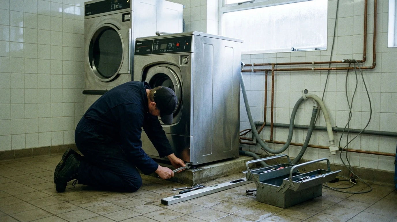 CKLS engineer levelling and connecting a commercial washer extractor