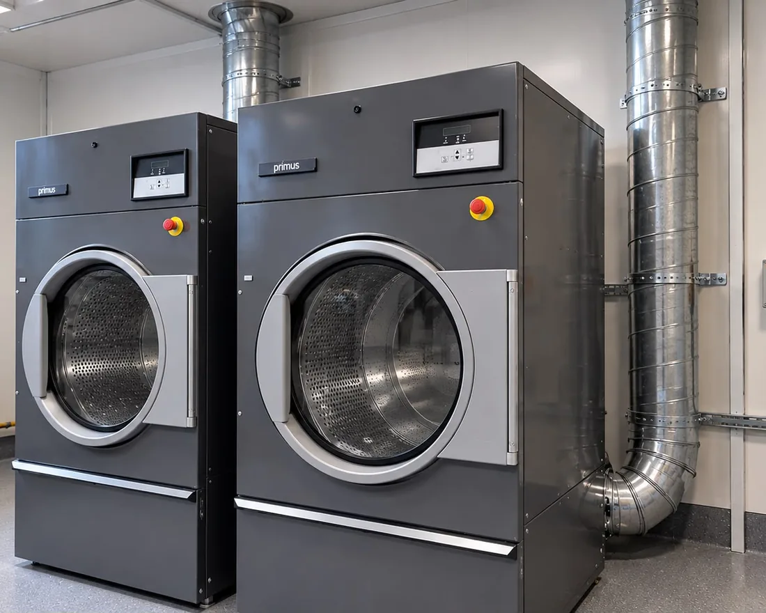 Rigid galvanised spiral ducting rising from the outlets of two Primus commercial tumble dryers, bracketed to the wall and bending in to the machine