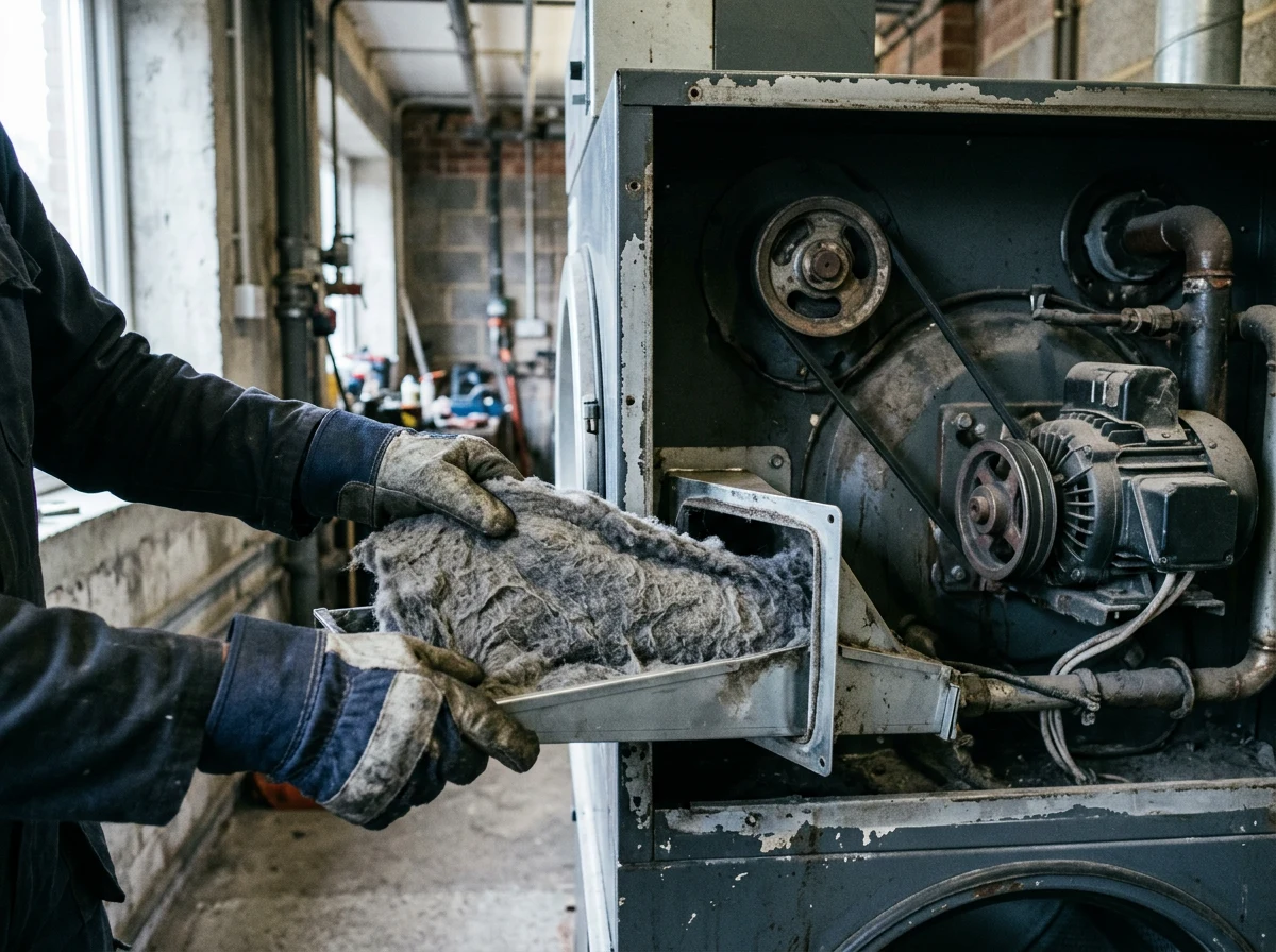 Engineer clearing a lint filter housing on a commercial tumble dryer with the rear panel removed