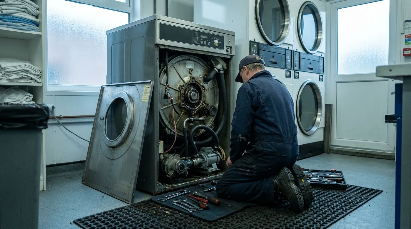 CKLS engineer repairing a commercial washer extractor in a care home laundry