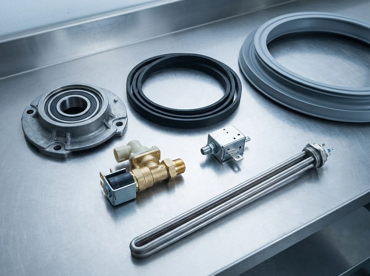 Commercial laundry spare parts including bearings, belts, seals and valves on a workbench