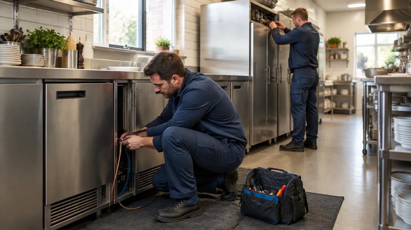 CKLS engineers installing undercounter and upright refrigeration in a working commercial kitchen