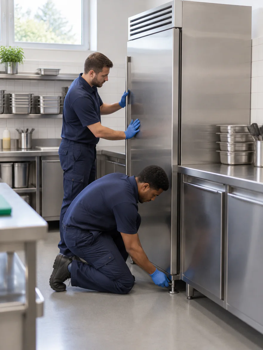 CKLS engineers installing a stainless steel upright refrigerator in a commercial kitchen