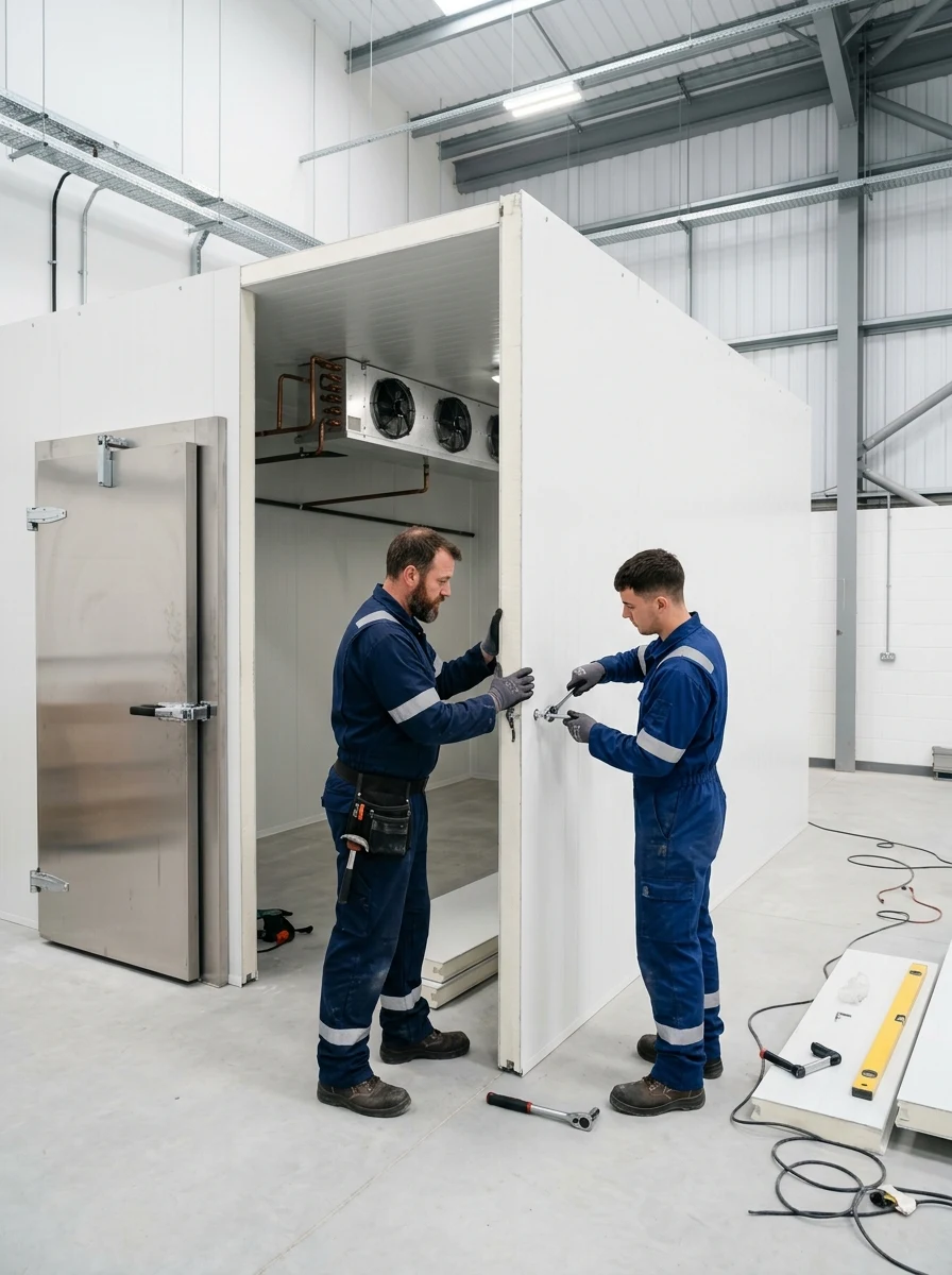 CKLS engineers assembling modular cold room panels on site