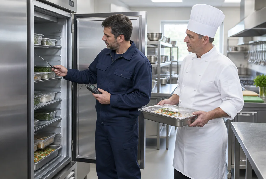 CKLS engineer checking temperatures at handover as the kitchen loads stock back in