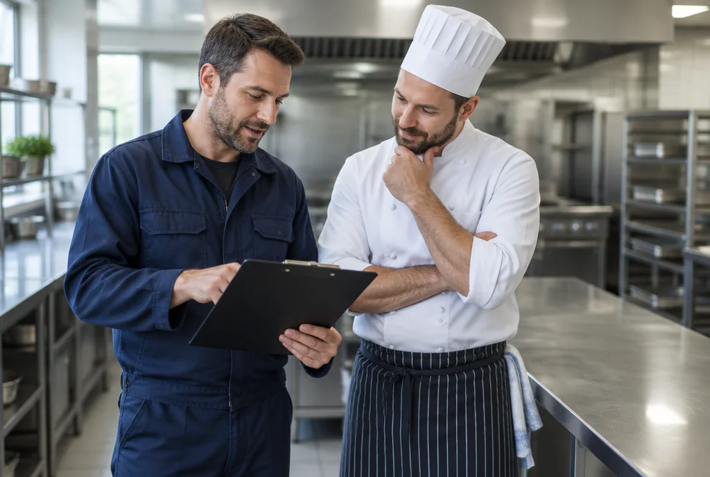 CKLS engineer agreeing installation timings with a head chef in a commercial kitchen