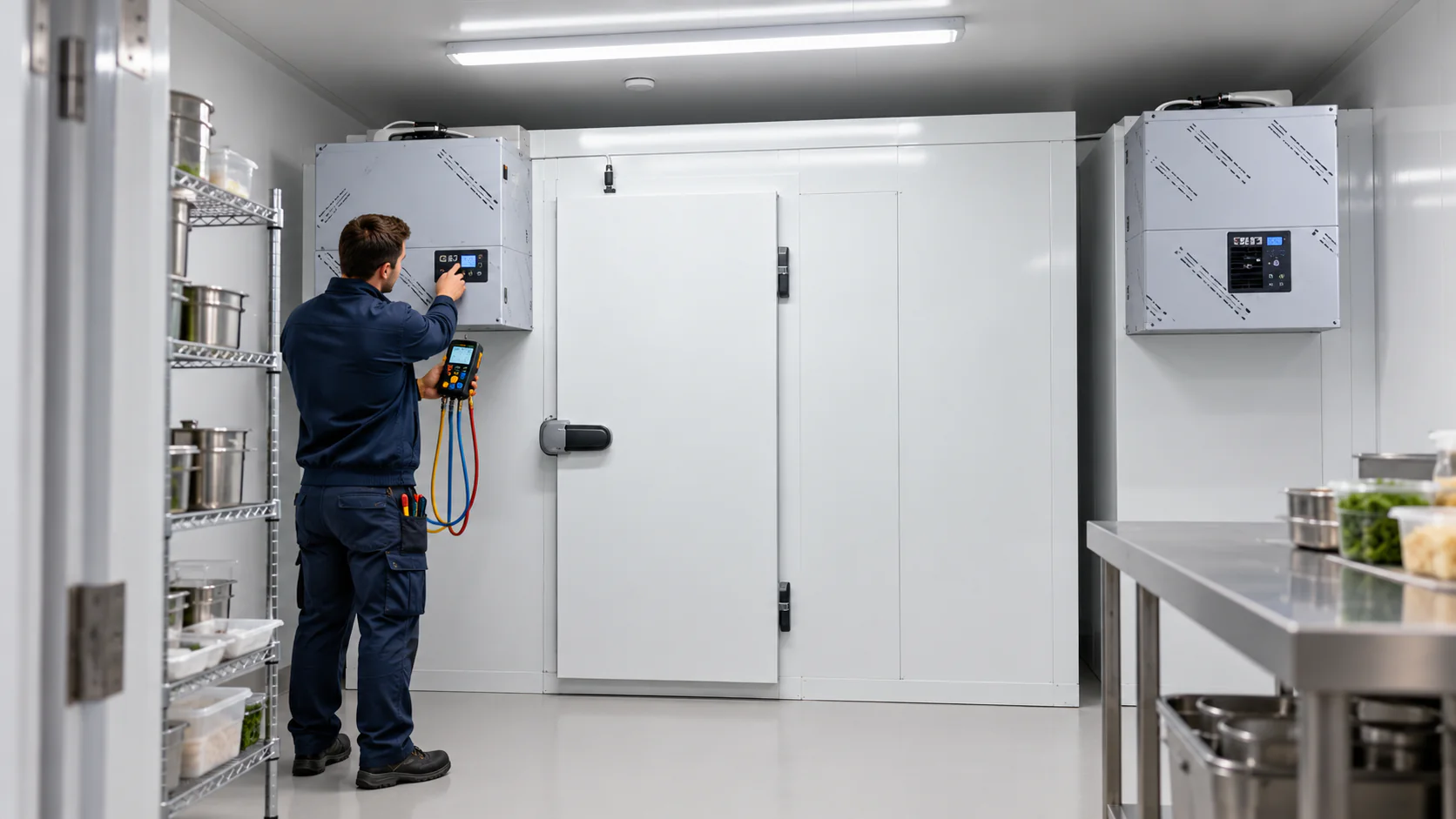 Refrigeration engineer checking a cold room evaporator with manifold gauges during a repair visit
