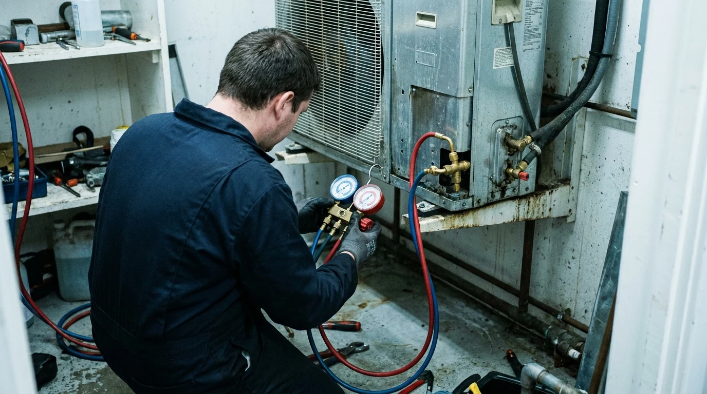 CKLS refrigeration engineer diagnosing a cold room condensing unit with manifold gauges
