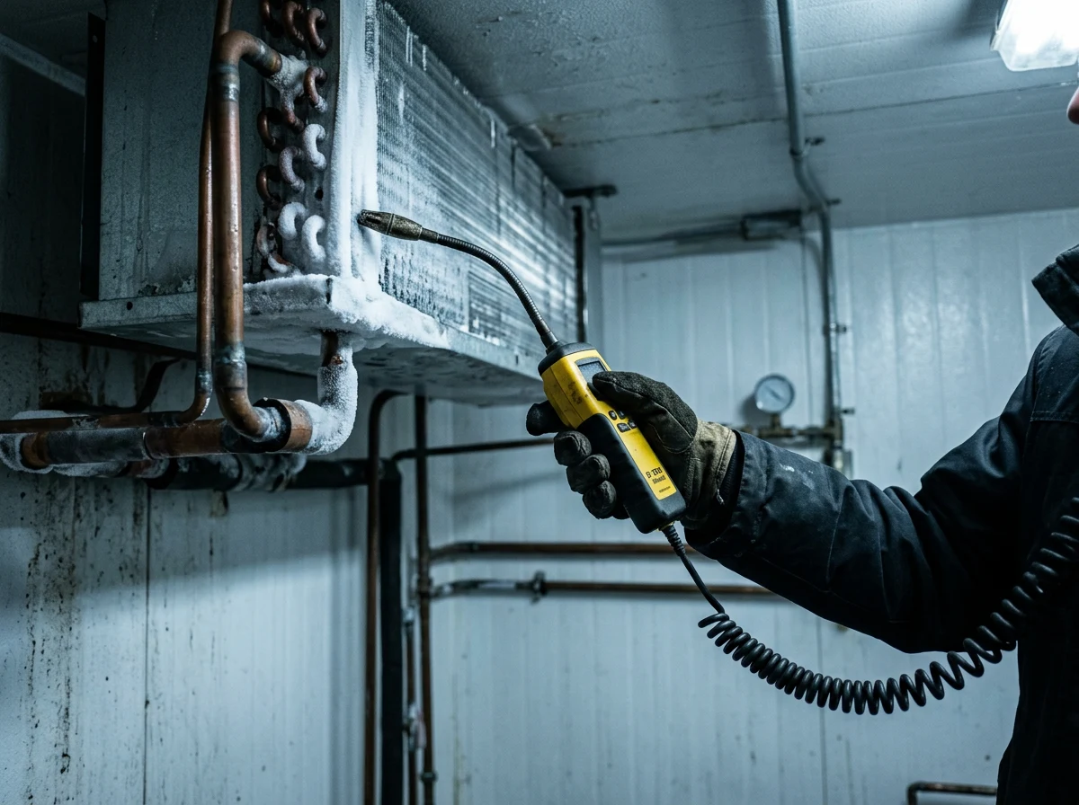 Electronic refrigerant leak detection along an evaporator coil inside a cold room