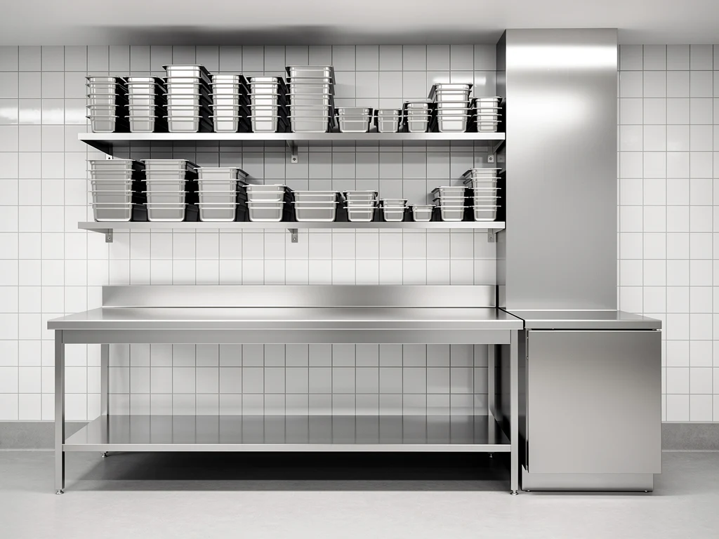 Bespoke stainless steel benching and wall shelving fabricated for a restaurant kitchen