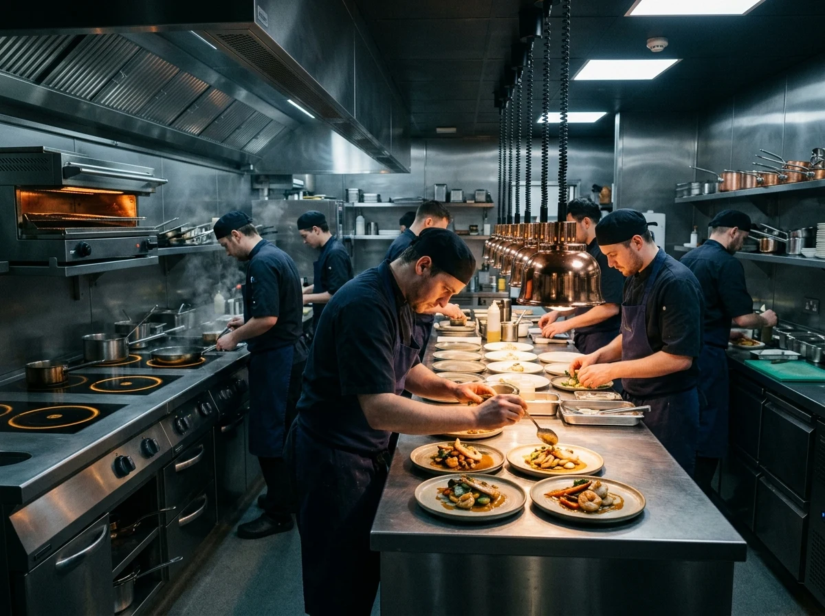 Chefs working a stainless steel restaurant cookline during service