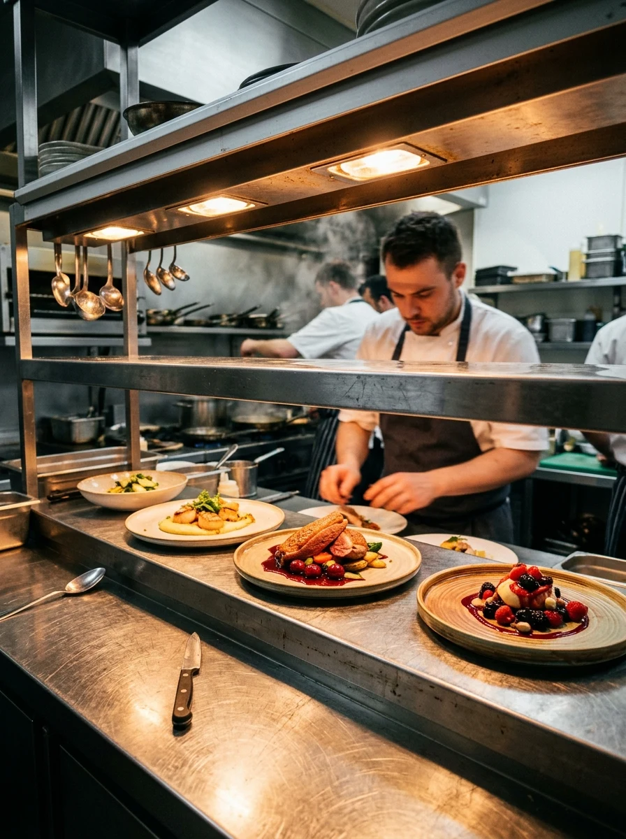 Restaurant kitchen pass under a heated gantry with plated dishes waiting