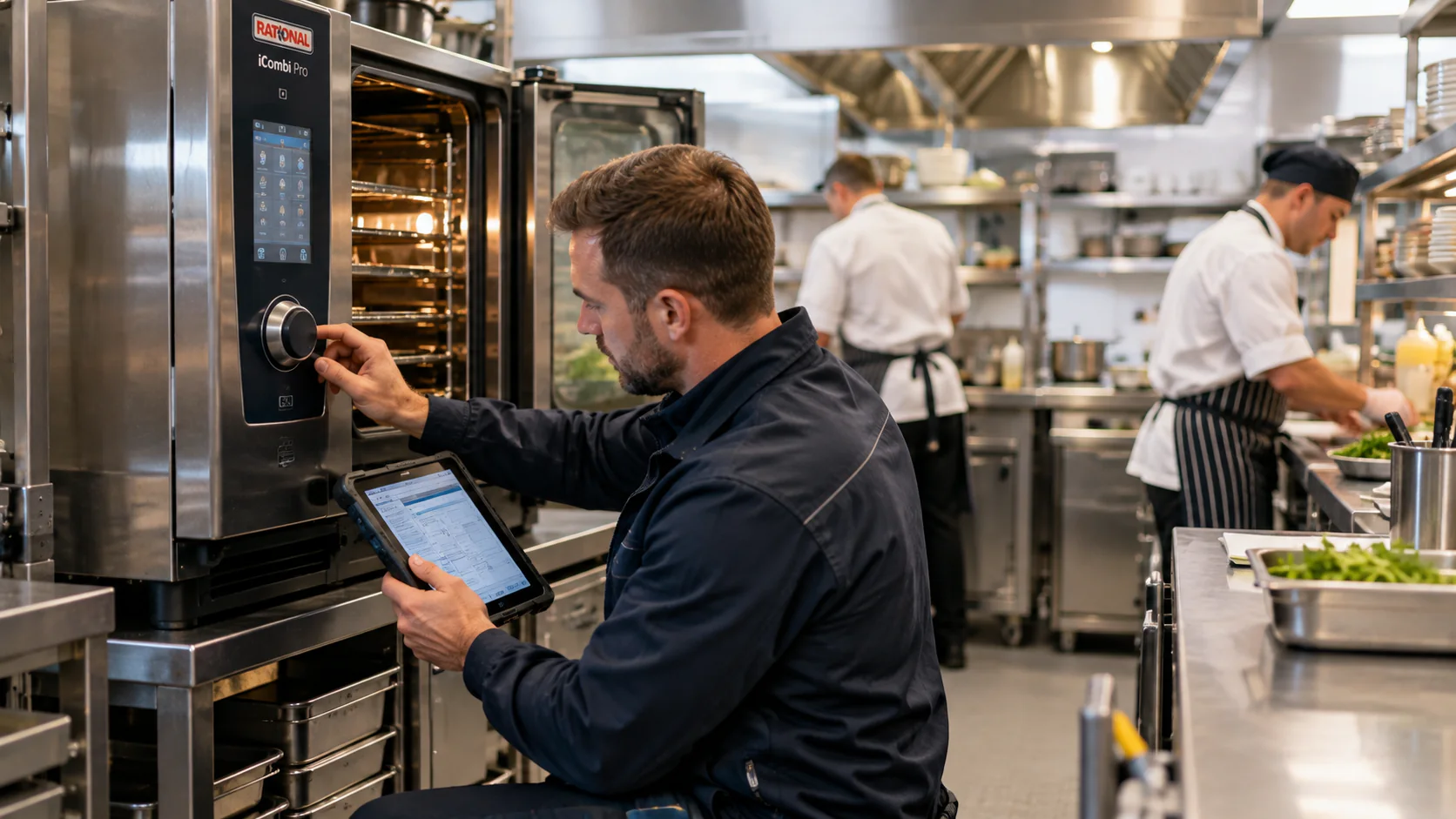 Engineer checking the controls on a combi oven while a restaurant kitchen works around him