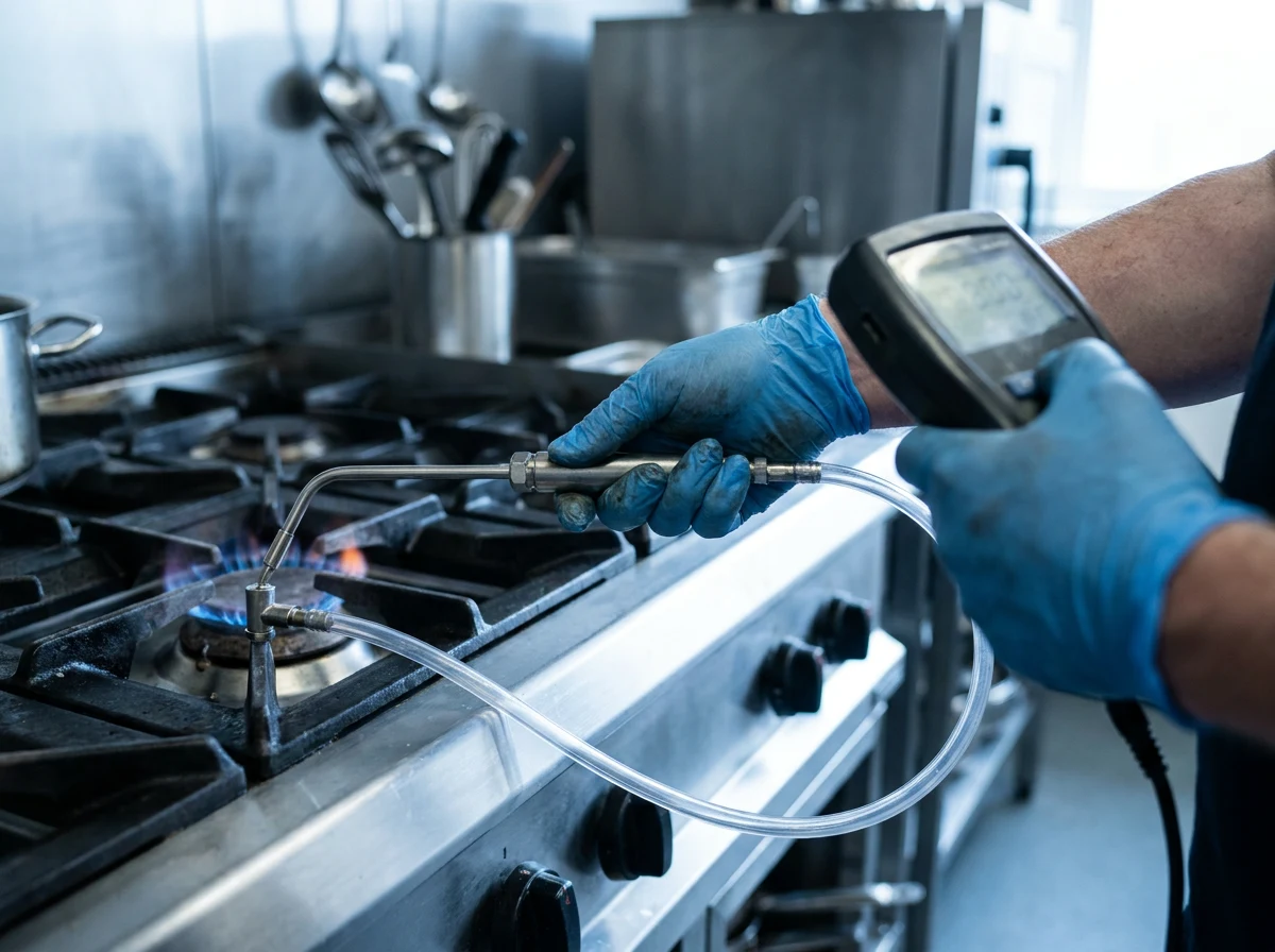 Flue gas analyser and manometer in use during a gas safety check on a commercial range