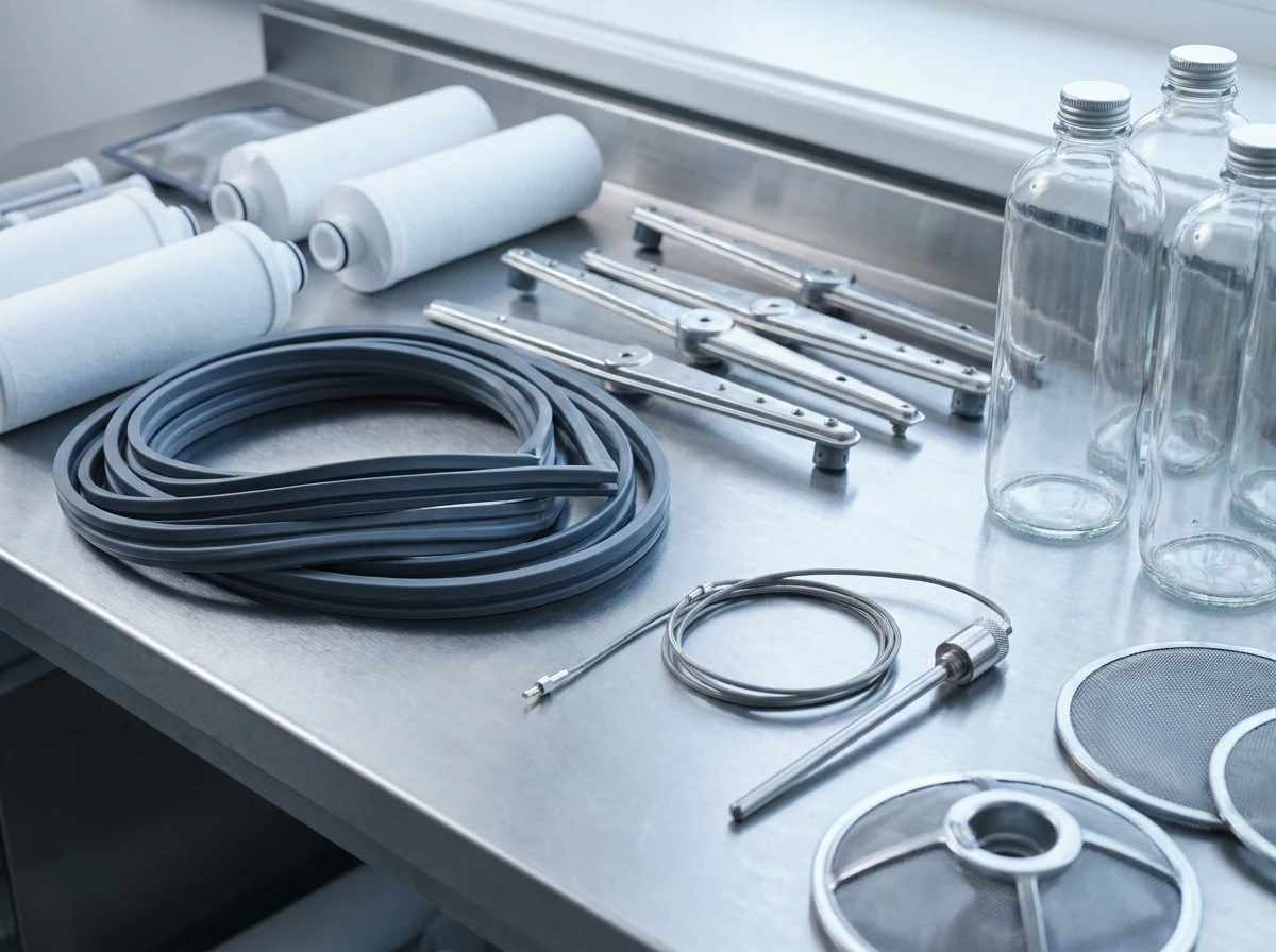 Maintenance consumables including water filters, door gaskets, wash arms and probes on a stainless bench