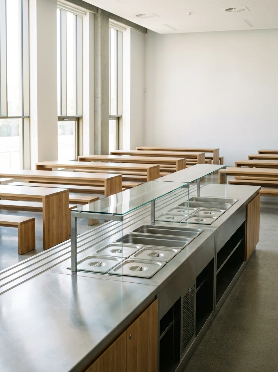 School dining hall with a stainless steel servery counter set up before lunch service
