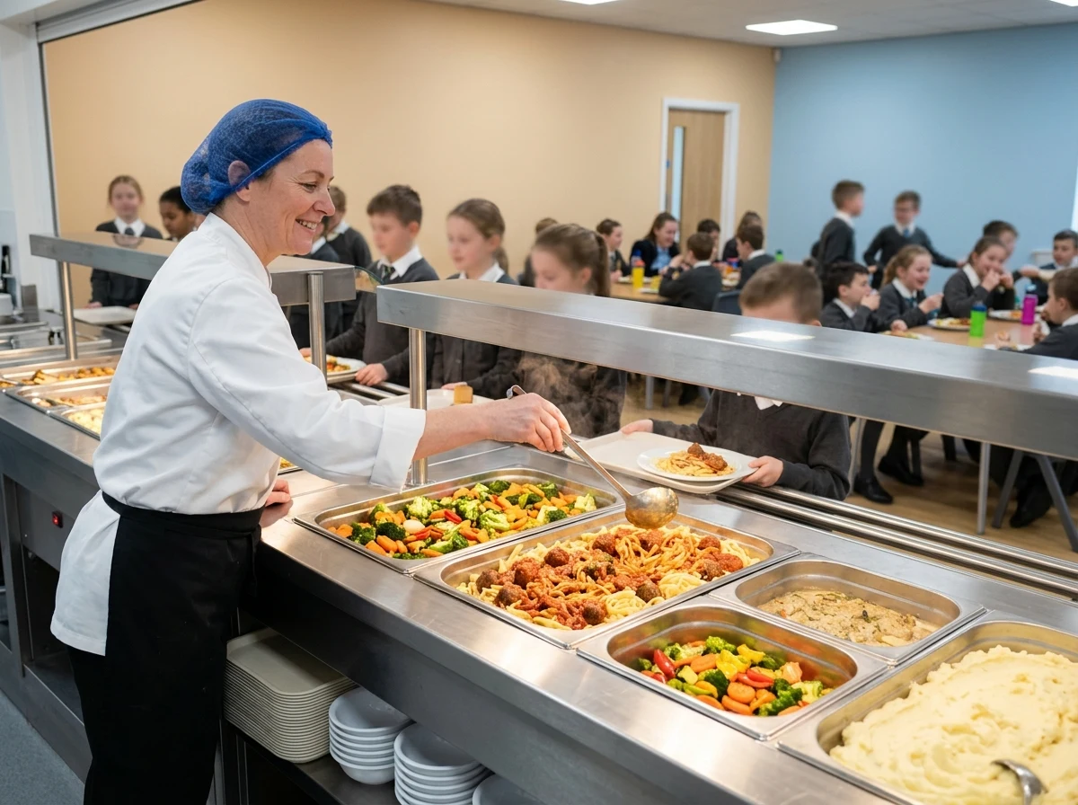Catering assistant serving hot food from a stainless steel school servery counter at lunchtime