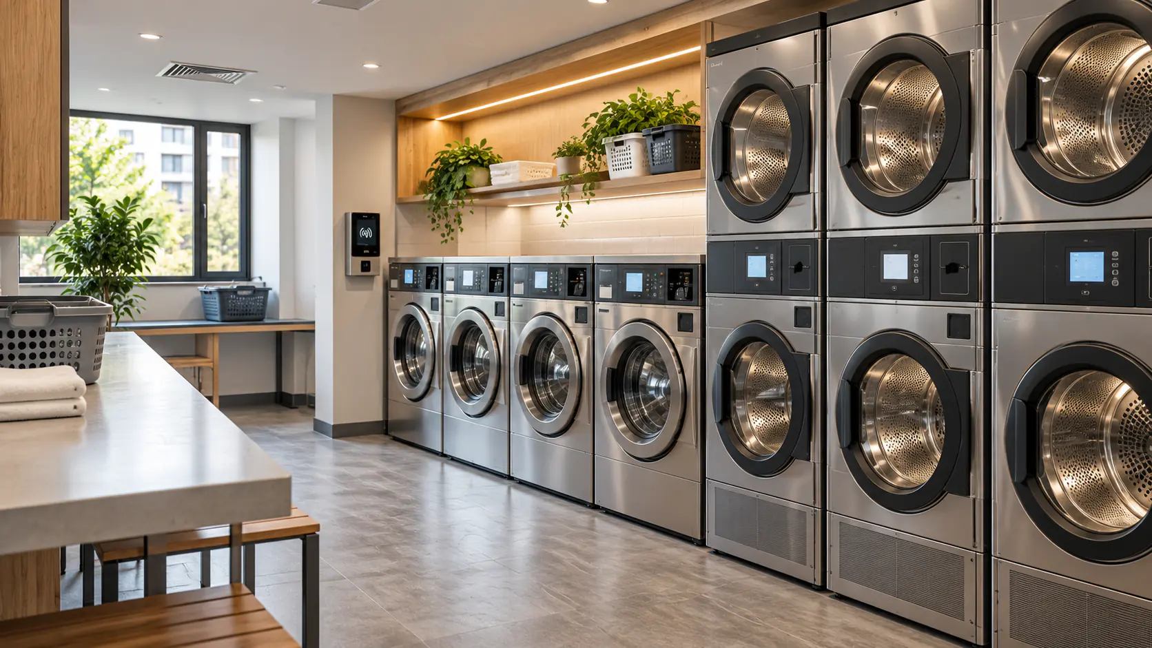 Student laundry room with commercial washing machines, stacked tumble dryers, a cashless payment reader and a folding bench