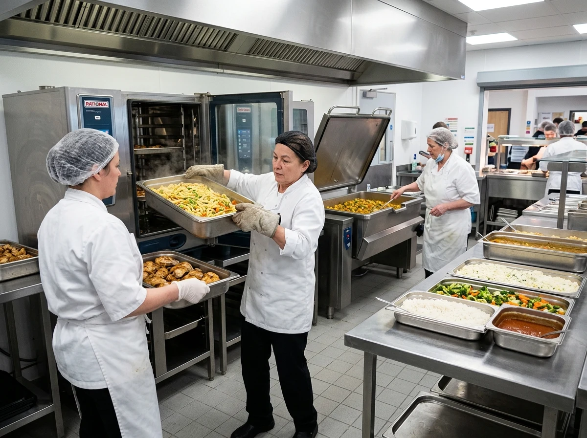 School production kitchen with combi ovens and staff lifting large gastronorm trays of food