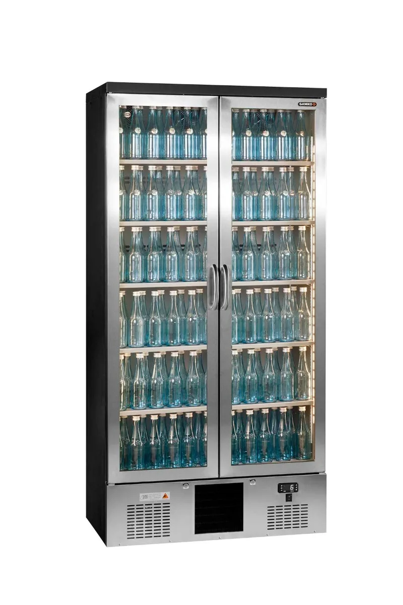 Gamko Maxiglass MG3/500GCS Maxiglass Hinged Stainless Steel Frame Glass Double Door Upright Bottle Cooler, 500 Litres