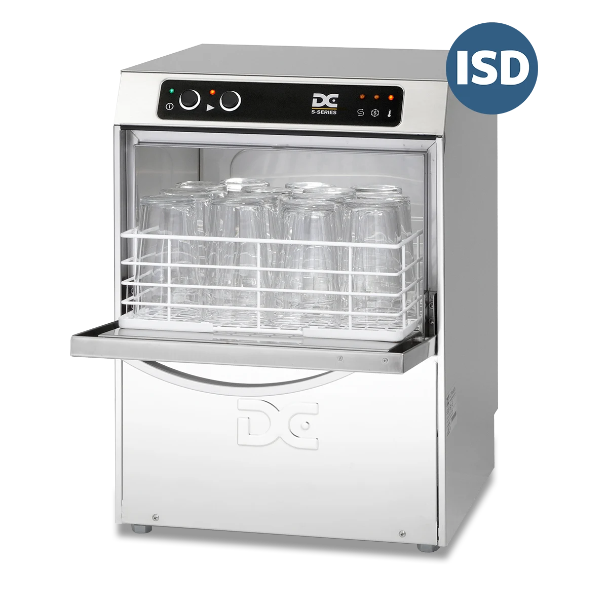 DC Products DC SG35ISD Standard Range 350mm Basket Frontloading Commercial Glasswasher with Integral Water Softener and Drain Pump, 14 Pint Capacity
