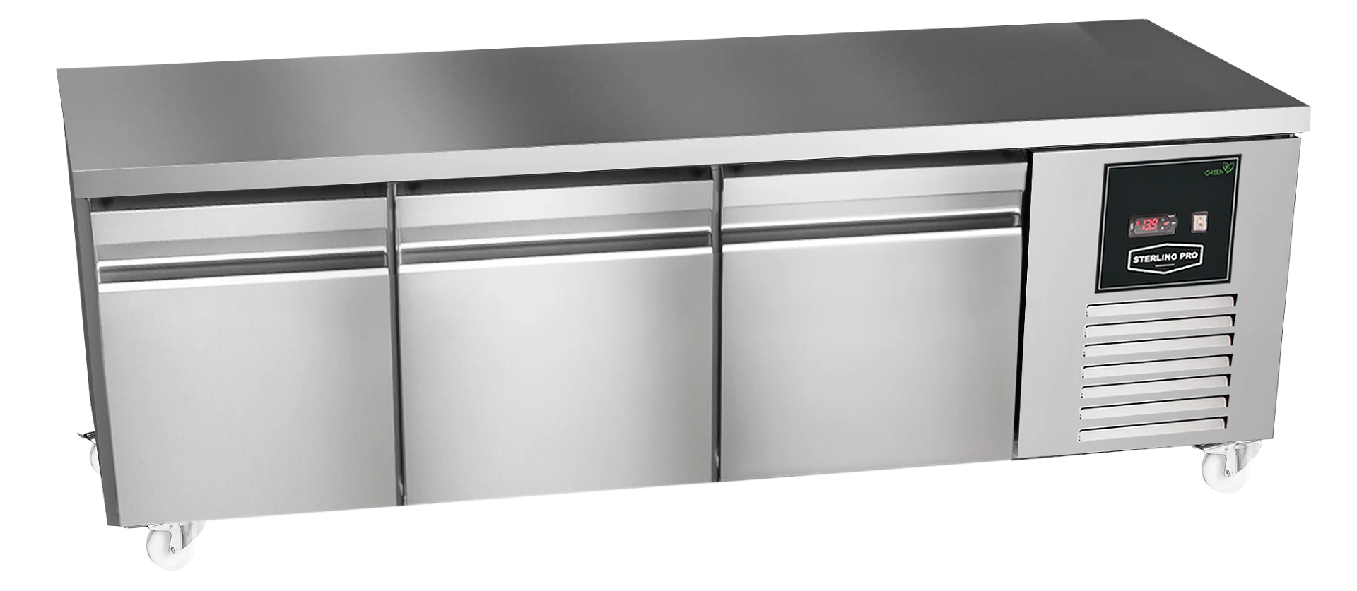 Sterling Pro Green SPI-B-180 3 Door Stainless Steel Low-Height Fridge Counter, 3 x 2/3 Drawers