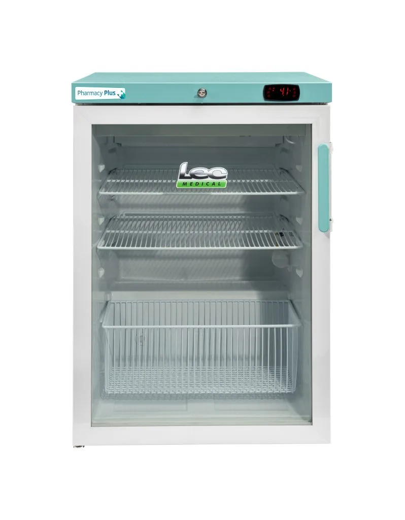 LEC Medical Laboratory & Medical Refrigeration LEC Medical PPSR158BT-LHH-UK Left Hand Hinge Glass Single Door Pharmacy Plus Bluetooth Enabled Countertop Refrigerator, 158 Litres