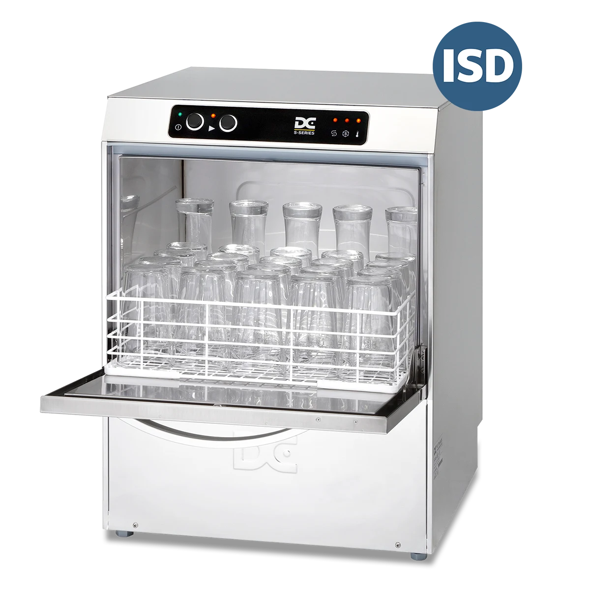 DC Products DC SG45ISD Standard Range 450mm Basket Frontloading Commercial Glasswasher with Integral Water Softener and Drain Pump, 25 Pint Capacity