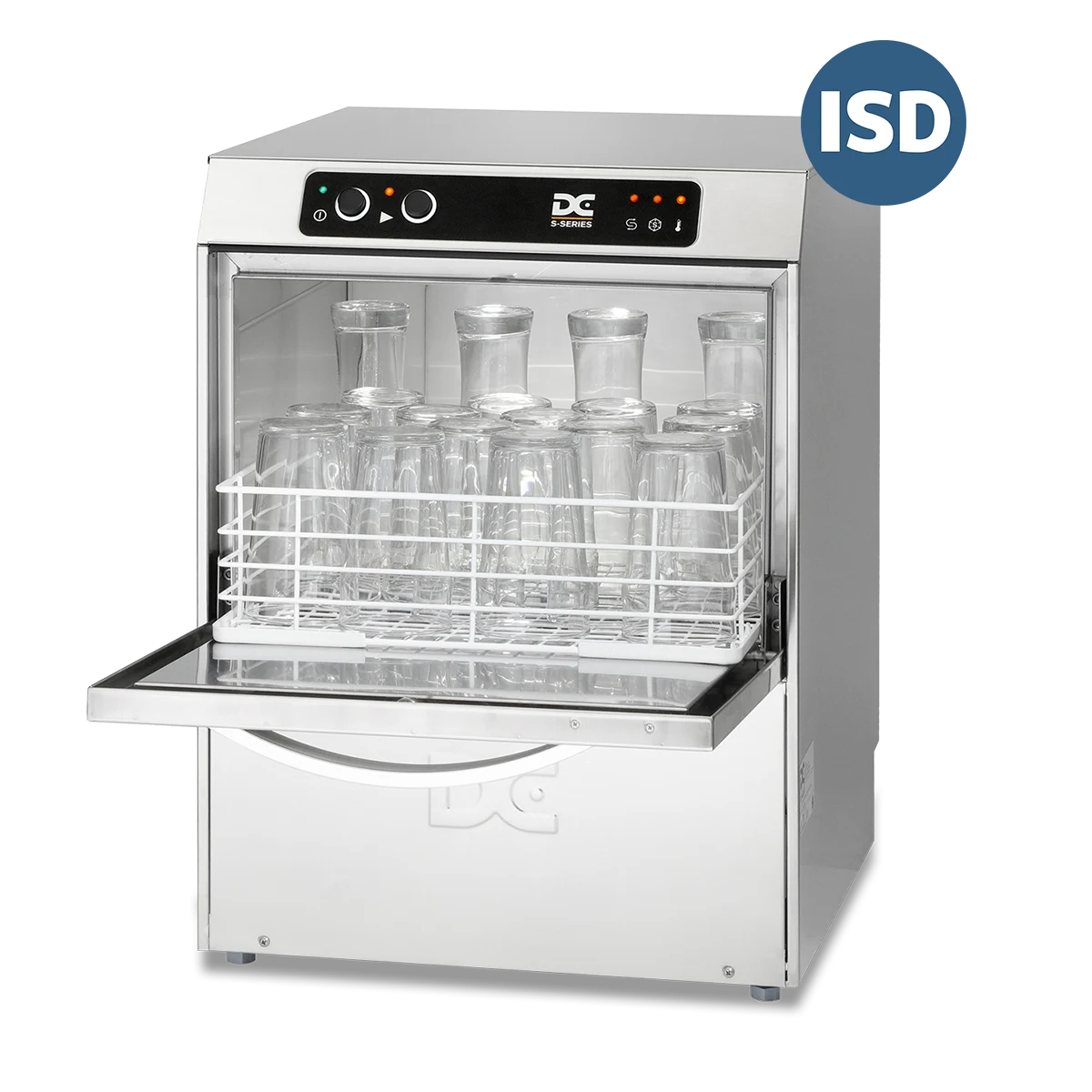 DC Products DC SG40ISD Standard Range 400mm Basket Frontloading Commercial Glasswasher with Integral Water Softener and Drain Pump, 18 Pint Capacity