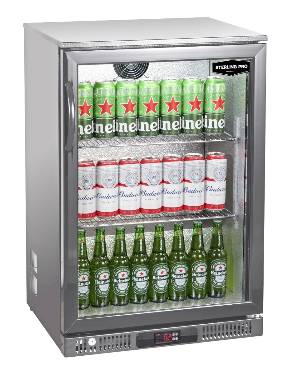 Sterling Pro Green SP1LO-OUT-STS Hinged Single Door Low Height Stainless Steel Outdoor Bottle Cooler, 106 x 330ml Bottles